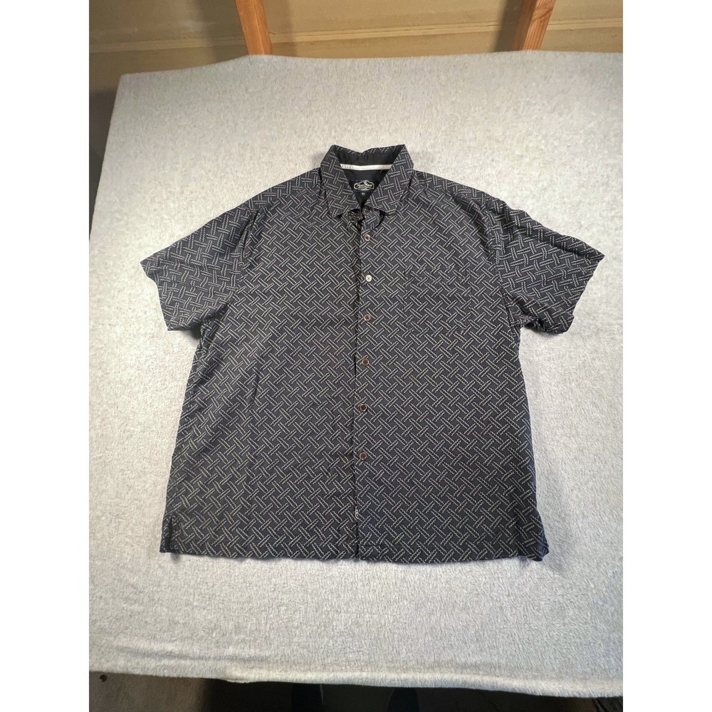 Nat Nast Mens XL Silk Cotton Short Sleeve Button Down Shirt Navy Geometric